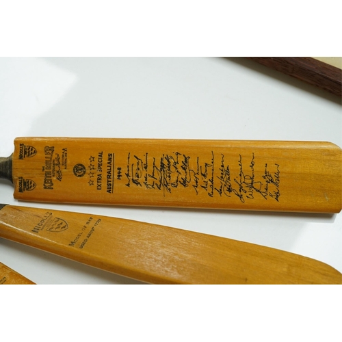 1401 - Four miniature model cricket bats, one signed, others printed. Condition - fair to good