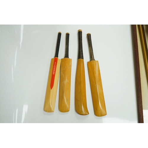 1401 - Four miniature model cricket bats, one signed, others printed. Condition - fair to good