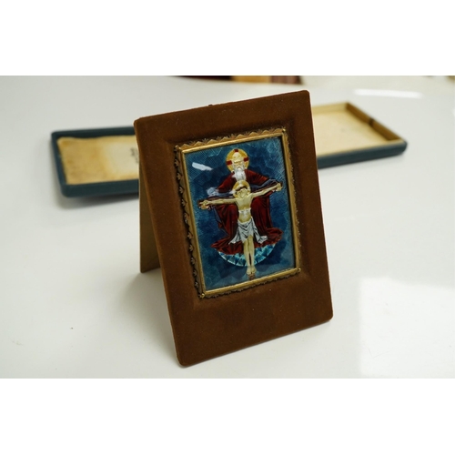 1404 - A cased Cologne enamel on copper travelling shrine depicting God and Jesus. Condition - some wear... 