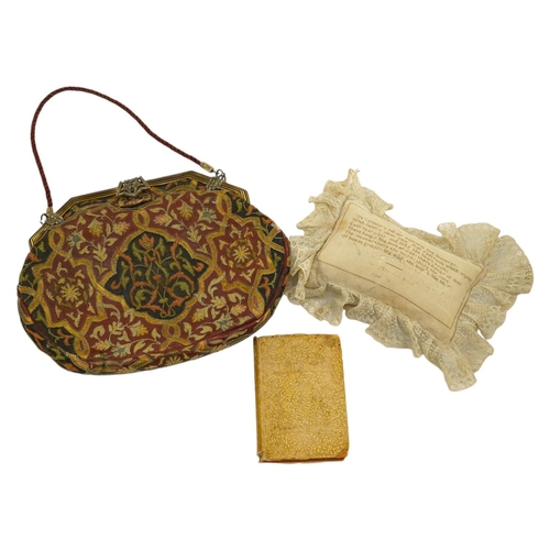 1412 - A Finnigans of London leather silk embroidered evening bag, a silk embroidered pin cushion and a sma... 