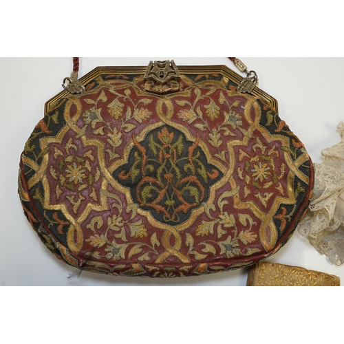 1412 - A Finnigans of London leather silk embroidered evening bag, a silk embroidered pin cushion and a sma... 