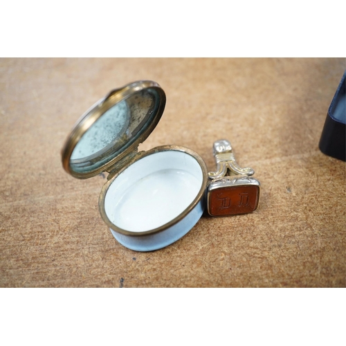 1413 - A Georgian enamelled patch box and a fob seal. Condition - fair