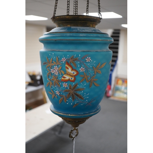 1438 - A Biedermeier enamelled blue glass hanging lamp, 36cm high. Condition - fair.