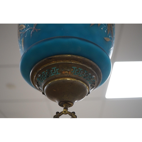 1438 - A Biedermeier enamelled blue glass hanging lamp, 36cm high. Condition - fair.