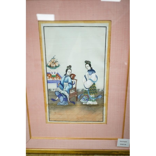 1702 - Chinese School, pair of pith paper paintings, Figures in interiors, 30 x 17cm. Condition - fair... 