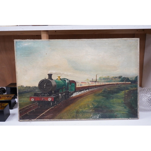 1704 - J.M. Thomas, oil on canvas, 20th century English School, Study of a Steam engine locomotive, 40 x 61... 