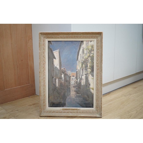 1707 - Mid 20th century, French oil on board, Montargis, Rue Sur L'eau, indistinctly signed lower right, ... 