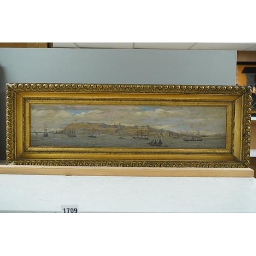 1709 - J. MacNaughton, oil on board, Panoramic port scene with ships, signed, 11.5 x 55cm, ornate gilt fram... 