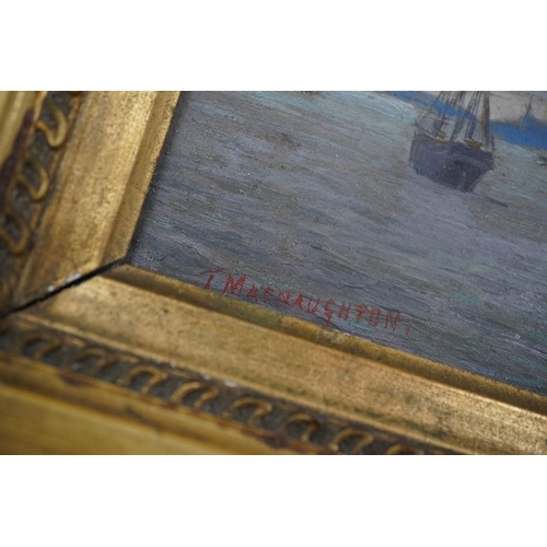 1709 - J. MacNaughton, oil on board, Panoramic port scene with ships, signed, 11.5 x 55cm, ornate gilt fram... 