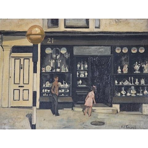 1717 - Frederick James Timbrell (1905-1992), oil on board, The Silver Shop, signed, various labels includ... 