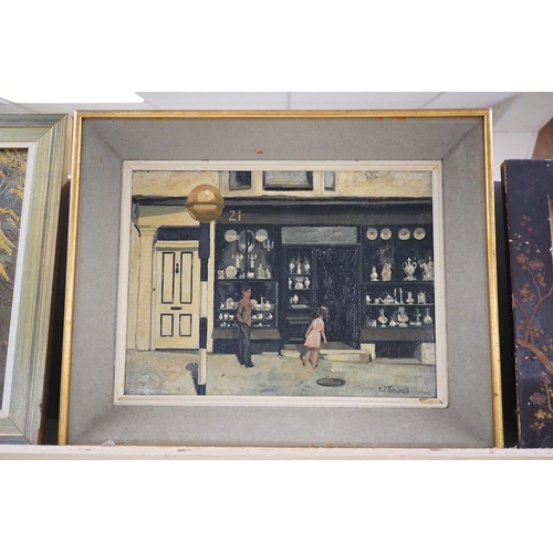 1717 - Frederick James Timbrell (1905-1992), oil on board, The Silver Shop, signed, various labels includ... 