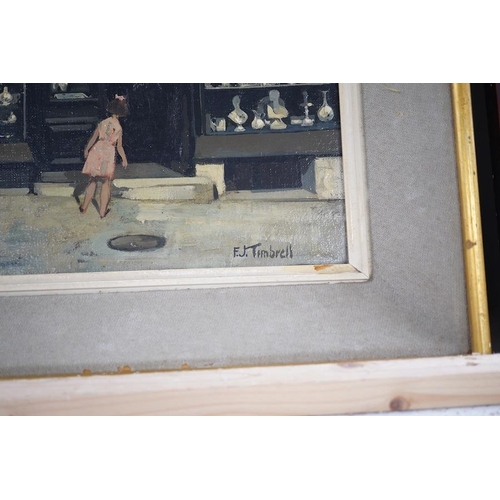 1717 - Frederick James Timbrell (1905-1992), oil on board, The Silver Shop, signed, various labels includ... 