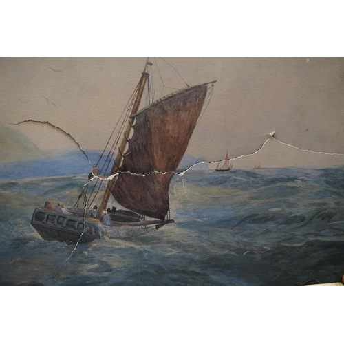 1734 - Late 19th/early 20th century, watercolour, Shipping scene, 43 x 77cm. Condition - poor