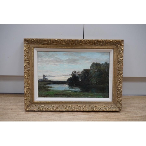 1737 - Louis Augustin Auguin (French 1824-1904), oil on canvas, Lakeside scene, signed, 26 x 39cm, ornate g... 