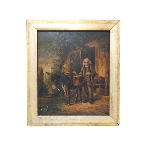 1766 - 19th century, English School, oil on board, Study of a man and a donkey before a cottage, unsigned, ... 