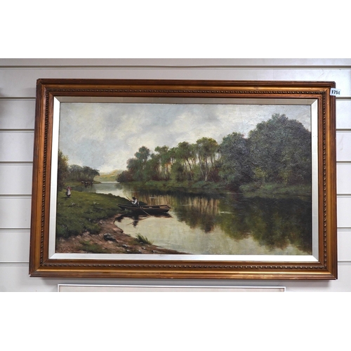 1791 - A. Christopherson, oil on canvas, Riverscape with figure and boat, signed, 44 x 75cm. Condition - go... 