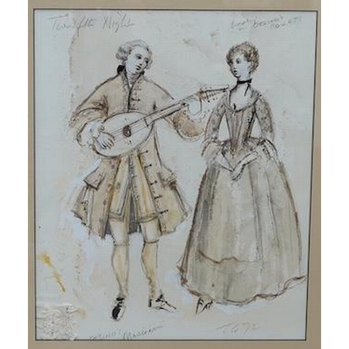 1793 - A design for theatre costume from Shakespeares Twelfth Night, ink and watercolour wash, signed mono... 