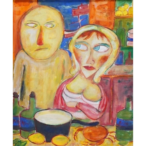 1799 - After John Bellany (1942-2013), mixed media, two figures at a table, 58 x 48. Condition - fair to go... 