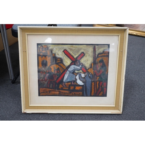 1800 - After Georges Rouault (French, 1871-1958), overpainted print, Christ on the cross, 31 x 42cm. Condit... 