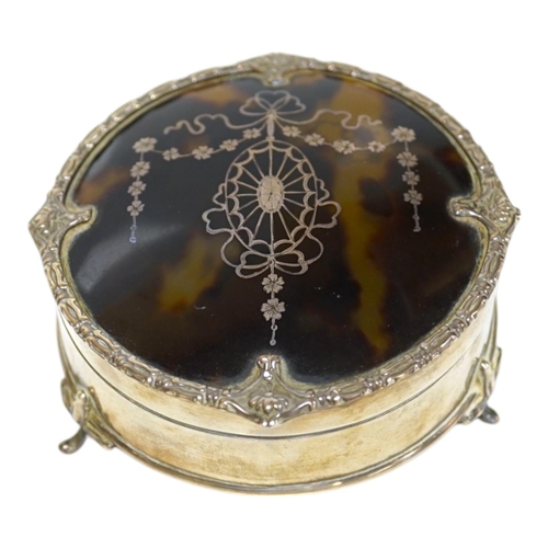 1835 - A George V silver and tortoiseshell pique mounted circular diameter 94mm. Condition - trinket box, b... 