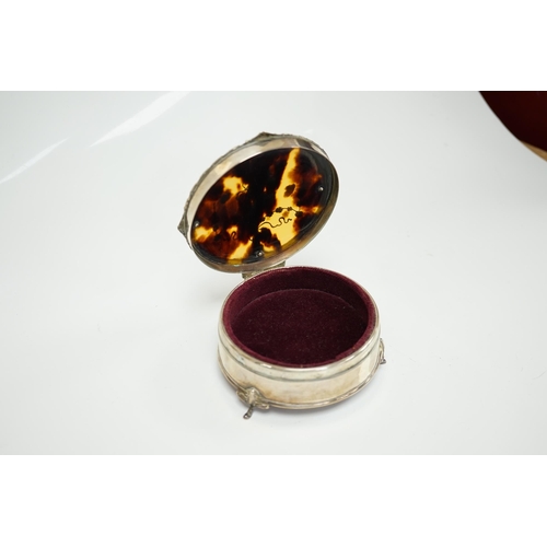 1835 - A George V silver and tortoiseshell pique mounted circular diameter 94mm. Condition - trinket box, b... 