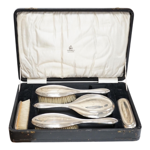 1836 - A cased George V five piece silver mounted dressing table mirror and brush set, Charles S. Green & C... 