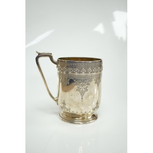 1838 - A Victorian engraved silver christening mug, Edward & John Barnard, London, 1857, 10cm, 5.7oz. Condi... 