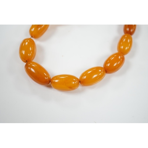 1900 - A single strand graduated amber bead necklace, 66cm, gross weight 40 grams. Condition - poor to fair... 