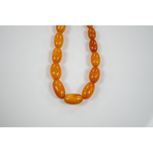 1900 - A single strand graduated amber bead necklace, 66cm, gross weight 40 grams. Condition - poor to fair... 