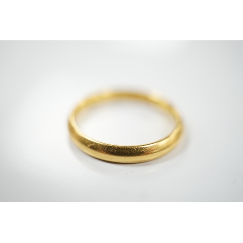 1907 - A 22ct gold wedding band, size J, 3.3 grams, Condition - good