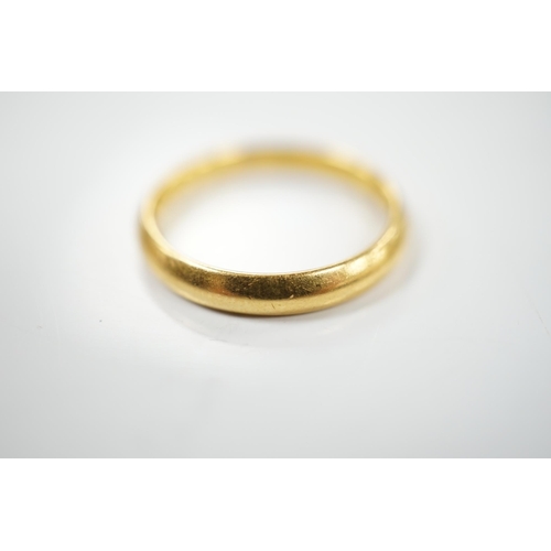 1907 - A 22ct gold wedding band, size J, 3.3 grams, Condition - good