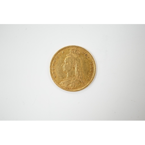 1908 - A Victorian 1890 gold half sovereign, about VF.