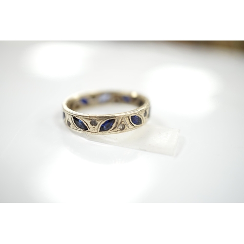 1911 - A 9ct white metal, shaped sapphire and diamond chip set eternity ring, size N, gross weight 3.7 gram... 