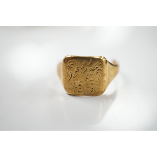 1912 - A pair of 9ct gold cufflinks, 5.8 grams, a yellow metal signet ring (a.f.) and a lady's 9ct gold man... 