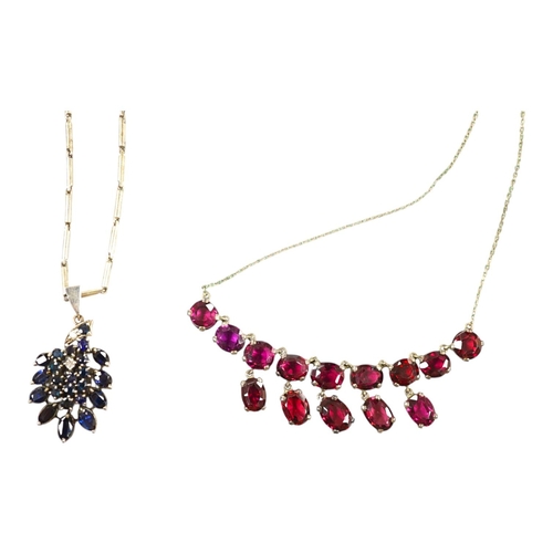 1914 - A white metal and garnet cluster set drop necklace, overall 48cm, together with a white metal, sapph... 