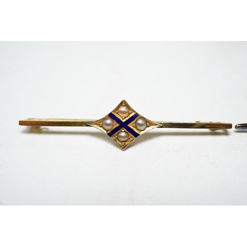 1916 - A 9ct gold split pearl and enamel set bar brooch, 1.9 grams, and a cased yellow metal pearl set bar ... 