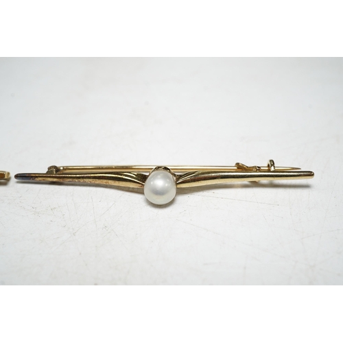 1916 - A 9ct gold split pearl and enamel set bar brooch, 1.9 grams, and a cased yellow metal pearl set bar ... 