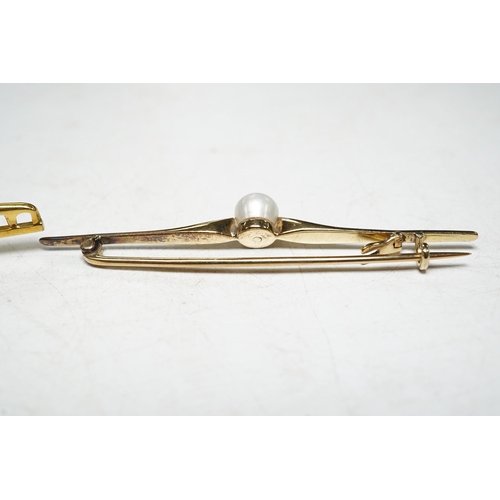 1916 - A 9ct gold split pearl and enamel set bar brooch, 1.9 grams, and a cased yellow metal pearl set bar ... 