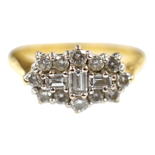 1920 - A modern 18ct gold and diamond cluster ring, size K, gross weight 4.4 grams. Condition - fair to goo... 