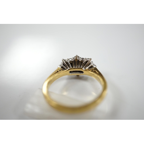 1920 - A modern 18ct gold and diamond cluster ring, size K, gross weight 4.4 grams. Condition - fair to goo... 