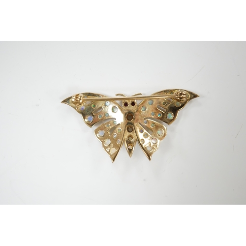 1922 - A modern 9ct gold and opal cluster set butterfly brooch, with ruby eyes, width 40mm, gross weight 4.... 