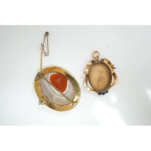 1925 - An early 20th century 9ct and gem set oval locket (lacking back?), 32mm, together with a silver moun... 