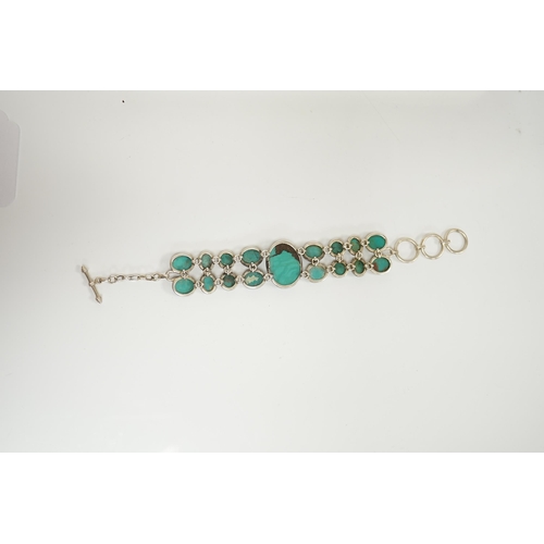 1926 - A modern silver and two row turquoise cluster set bracelet, overall 22cm. Condition - good