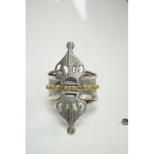 1929 - An unusual recent suite of German 925, yellow metal, iron and rough cut diamond set jewellery, compr... 