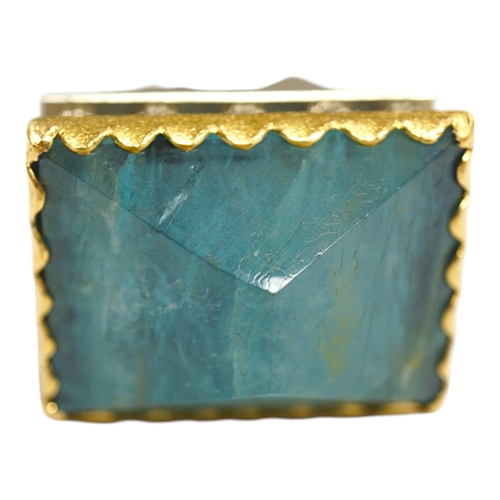 1930 - An unusual recent German 925, yellow metal and shaped cut aquamarine set architectural dress ring, t... 