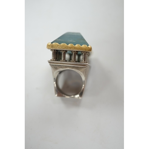 1930 - An unusual recent German 925, yellow metal and shaped cut aquamarine set architectural dress ring, t... 