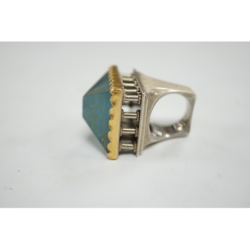 1930 - An unusual recent German 925, yellow metal and shaped cut aquamarine set architectural dress ring, t... 