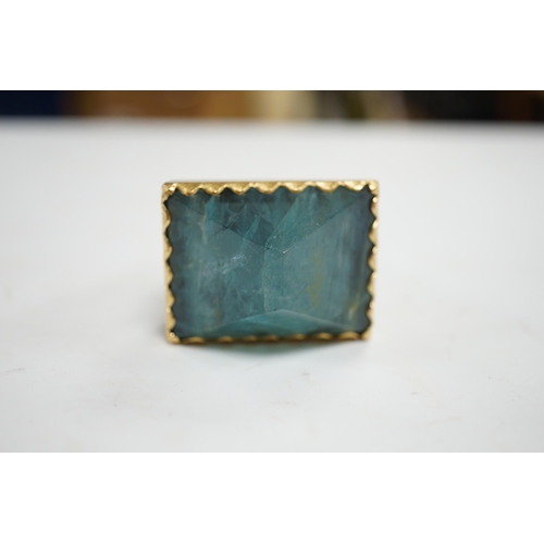 1930 - An unusual recent German 925, yellow metal and shaped cut aquamarine set architectural dress ring, t... 