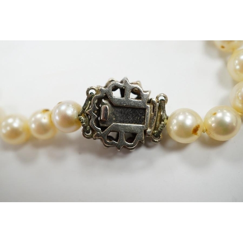 1936 - A single strand cultured pearl necklace, with diamond chip set white metal clasp, 88cm. Condition - ... 