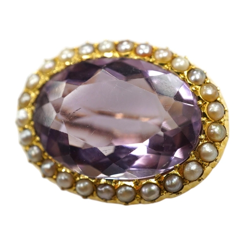 1938 - An Edwardian 15ct, amethyst and split pearl cluster set oval brooch, 23mm, gross weight 5 grams. Con... 